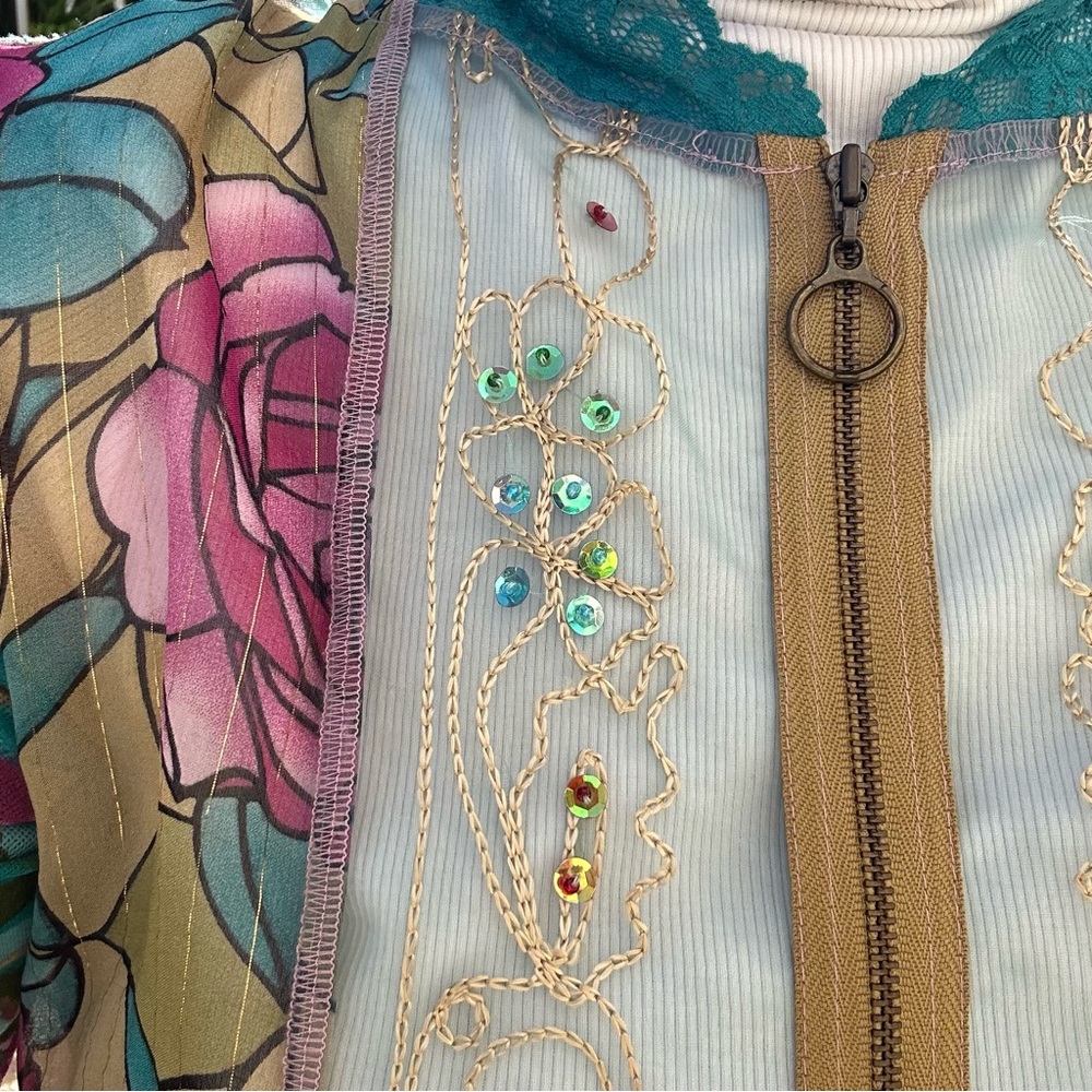 Susan Bristol Sheer Lace Sequin Turquoise Pink Front Zipper Blazer Jacket Blouse - Picture 4 of 9